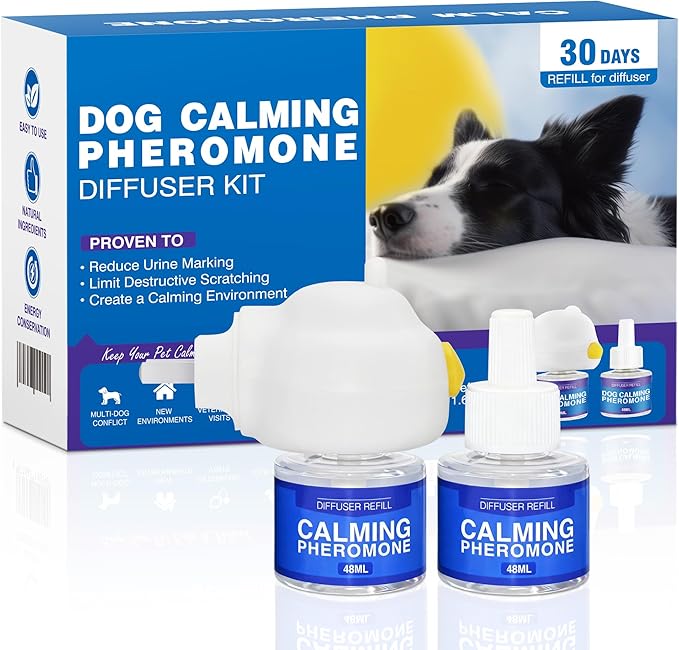 Dog Calming Diffuser with Pheromones for Anxiety Relief, Reduces Barking & Stress, Natural Formula, Safe for Puppies & Adult Dogs, 60 Day Long Lasting 1 Diffuser 2 Refill