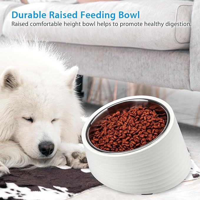 Tilted Angle Dog Bowl, 15° Slanted Stainless Steel Dog Cat Food Bowl, Non-Slip & Non-Spill Pet Feeder with Elevated Detachable Melamine Stand, Easy to Get Food Dish, Large 2 Cup White
