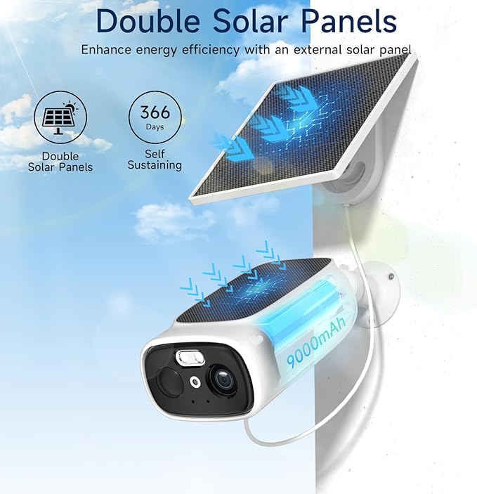 4pc 2.4G/5G WiFi Cameras for Home Security with Double Solar Panels, 2K Solar Security Cameras Wireless Outdoor, Color Night Vision , 2-Way Talk, Spotlight, Siren,IP66, Cloud/SD, AI Detection, W/Alexa