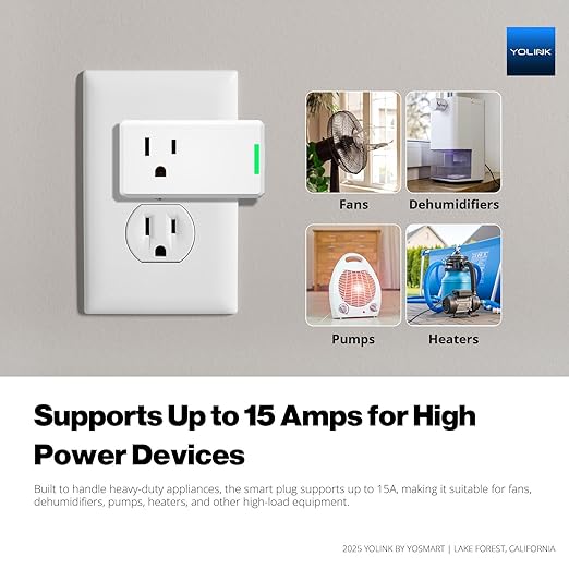 YoLink Smart Energy Plug 15A – 1/4 Mile LoRa Range, High-Power Devices with Cycle Schedule, Real-Time Energy Monitoring, Overload Protection, Alerts, Alexa, Google, IFTTT, HA, Hub Required YS6614