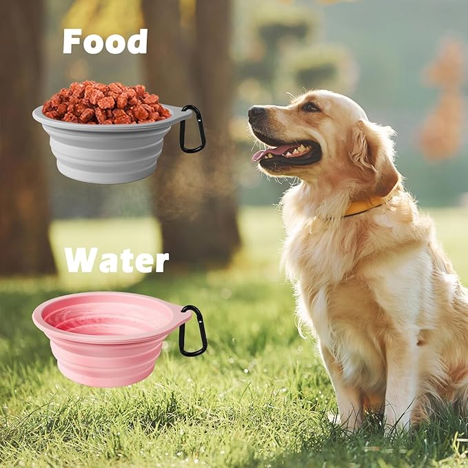PetBonus 2-Pack Silicone Collapsible Dog Bowls, BPA Free Dishwasher Safe, Portable Foldable Expandable Travel Bowl, Food Water Feeding Cup Dish for Dogs Cats with 2 Carabiners (Grey, Chalk Pink)