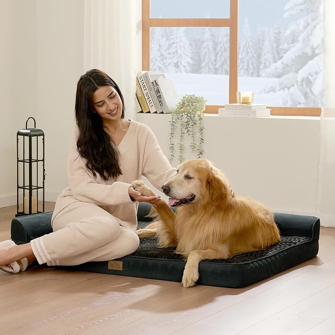 Orthopedic Dog Bed for Large Medium Size Dog, Dogs Crate Bed, L Shaped Foam Anti-Slip Bottom Pet Cat Sofa with Washable Removable Cover, Suitable for Pet Up to 75 lbs, 36x27x6.5 inch, Black
