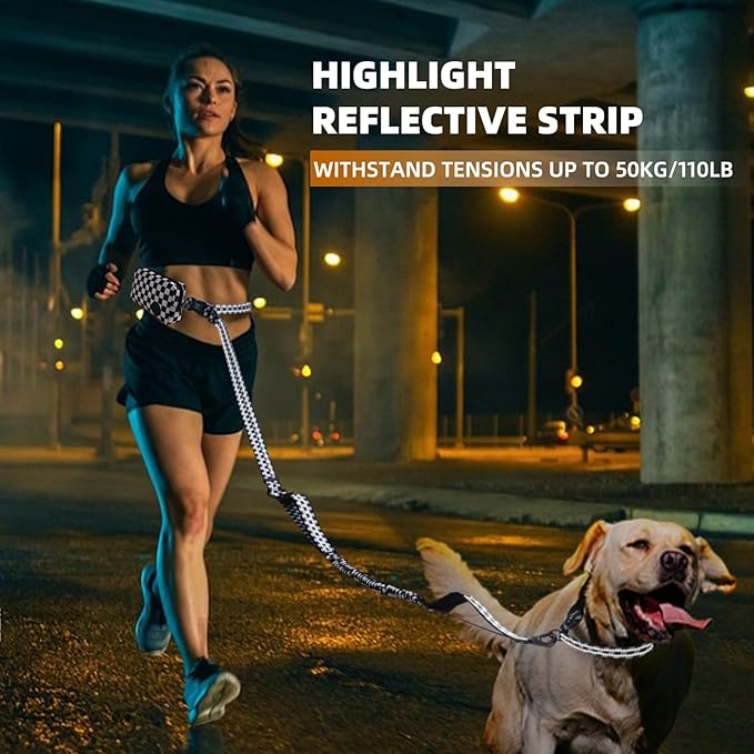 Roses&Poetry Hands Free Dog Leash with Zipper Pouch, 6-9ft Bungee Waist Leash for Medium Large Dogs Walking, Running Lead with Dual Padded Handles Car Safety Buckle for Training Jogging