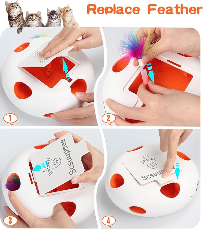 Interactive Cat Toy, Electric Cat Toys for Moving Concealed Feathers, Smart Sensor 7 Holes Whack a Mole Feather Toy, USB Charge Automatic Kitten Christmas Toys,White