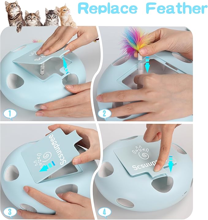 IInteractive Cat Toy, Electric Cat Toys for Moving Concealed Feathers, Smart Sensor 7 Holes Whack a Mole Feather Toy, USB Charge Automatic Kitten Toys,Blue