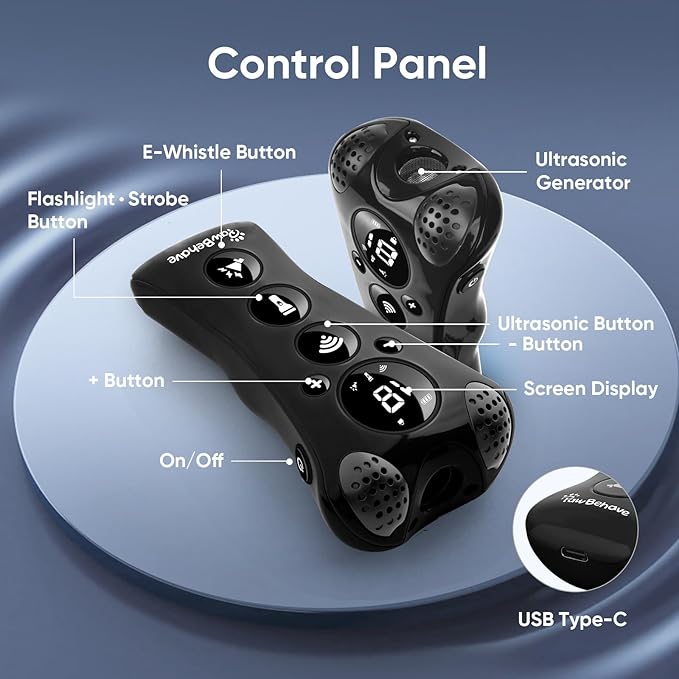 Ultrasonic Dog Bark Deterrent Device β10-Level Adjustable Anti Barking Trainer with Flashlight, Strobe, E-Clicker(18 Whistle Sounds)βNo Shock, Collar-Free Dog Behavior Correction Devices