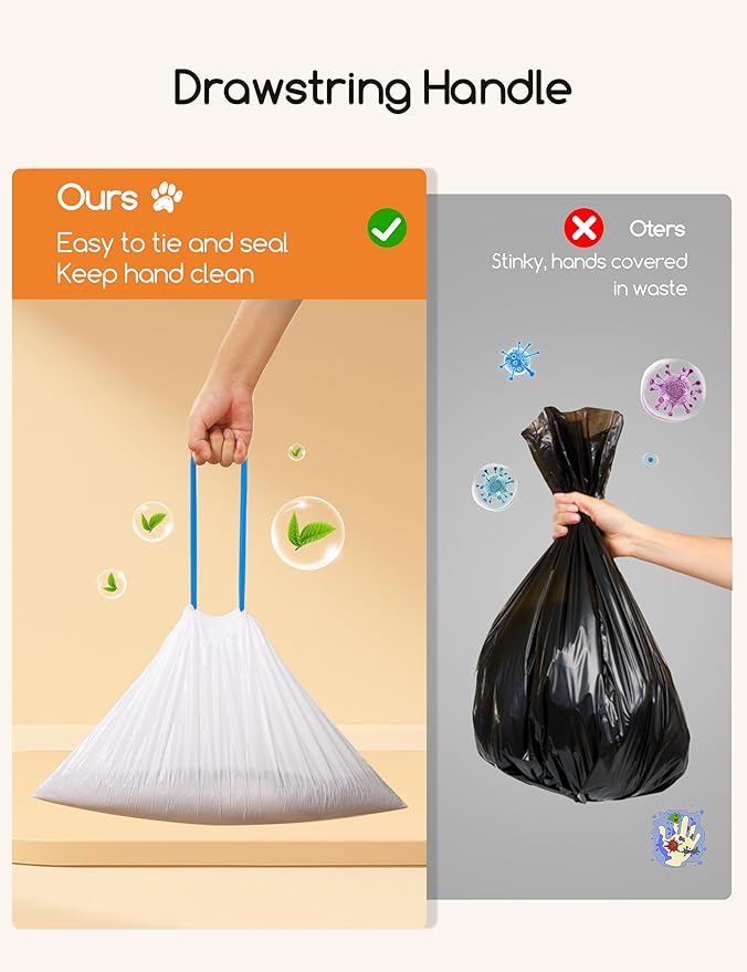 MeoWant Cat Litter Box Liner - 60PCS Heavy Duty Drawstring Trash Bags for MeoWant MW-SC01/MW-SC02 Automatic Self-Cleaning Boxes, Extra Thick Leakproof, 3 Rolls (20 Bags/Roll)