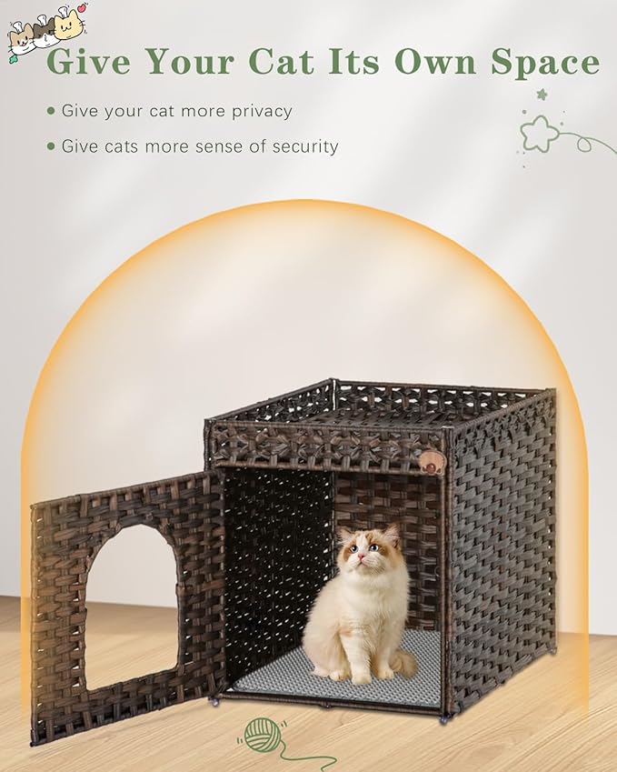 Cat Litter Box Enclosure Furniture, Hidden Litter Box with Mat and Fence, Handwoven Rattan Cat House with Two S-Shaped Hooks for Living Room, Bedroom, 18.5 x 20.5 x 19.1 Inches (Brown)