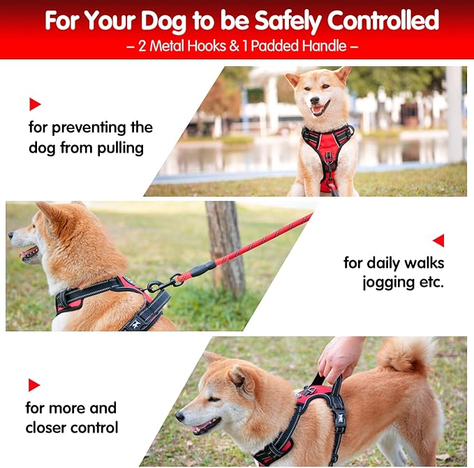 PoyPet Dog Harness and Leash Combo, Escape Proof No Pull Vest Harness, with 5 Feet Leash, Reflective Adjustable Soft Padded Pet Harness with Handle for Small to Large Dogs(Red,M)