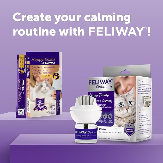 FELIWAY Optimum 3 x 30 Day Cat Calming Refills for Pheromone Diffuser & Happy Snack by FELIWAY Delicious Calming cat Treats (12-ct Chicken Flavor)