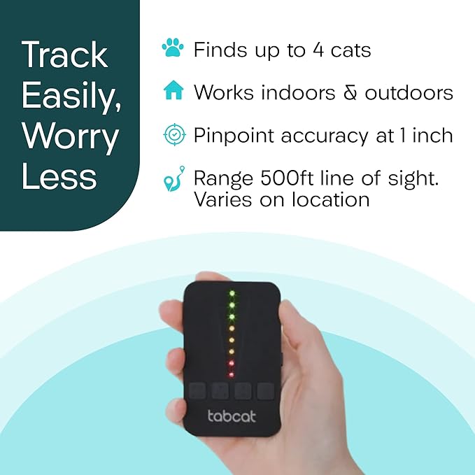 Tabcat V2 Cat & Kitten Tracker - No Monthly Subscription Fee | 4 Lightweight Homing Tags, Cases & Tracking Handset | More Accurate Than GPS | Track 4 Cats Indoors & Outdoors to 1" & 500 ft Range