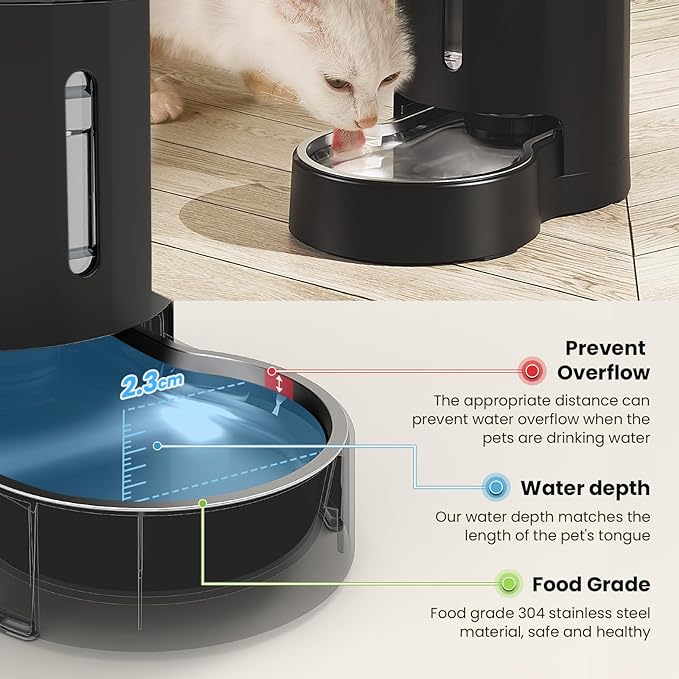 CZPET Automatic 4L/1Gal/135Oz Cat Water Dispenser with Stainless Steel Bowl, Gravity Waterer for Small Medium Dog Puppy Kitten (Black)