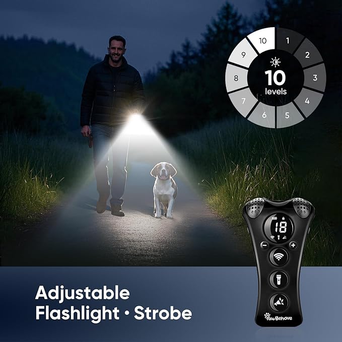 Ultrasonic Dog Bark Deterrent Device β10-Level Adjustable Anti Barking Trainer with Flashlight, Strobe, E-Clicker(18 Whistle Sounds)βNo Shock, Collar-Free Dog Behavior Correction Devices