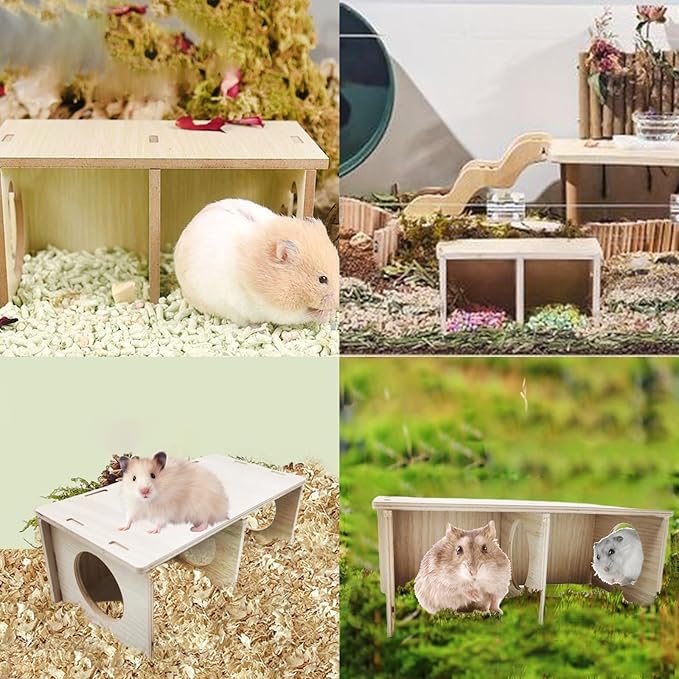 Hamiledyi Wooden Hamsters 2-Chamber Hideout-Tunnel Multi Chamber Exploring Toy Hamster Hiding Maze Tunnel Toy Platform Stuff Cage Accessories for Gerbil Rat Mice