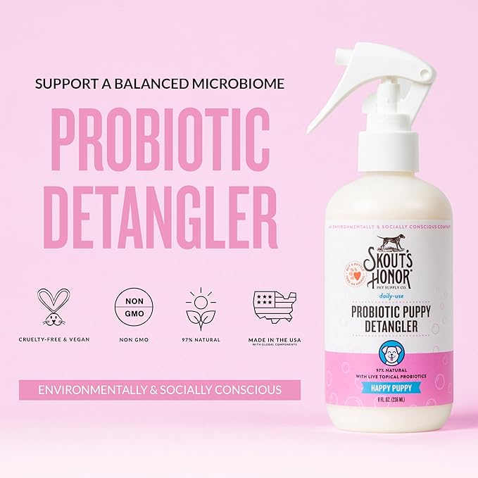 Skout's Honor Probiotic Pet Detangler Spray- Hydrating & Conditioning w/Avocado Oil, 97% Natural, Paraben & Sulfate-Free, softens for a More brushable Coat, Daily Use, 8oz, Happy Puppy, 2-Pack