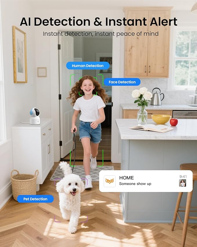 4K 8MP Indoor Security Camera with 64GB Memory Card, 5GHz/2.4GHz WiFi Camera, 360° Pan/Tilt IP Camera, Auto Tracking, AI Human/Face/Pet Detection, Night Vision, 2-Way Audio, One-Touch Call