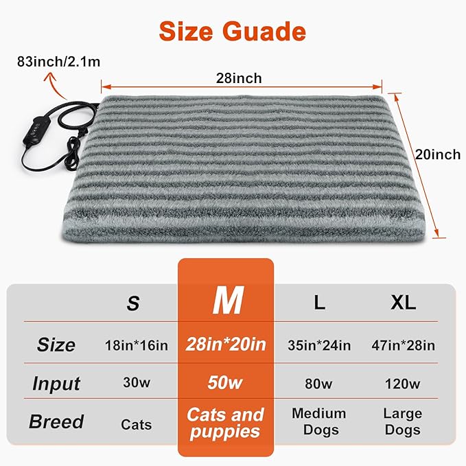 Pet Heating Pad, Waterproof Heated Dog Cat Bed with 11 Adjustable Temperatures & 24H Timer, Auto Shut-Off, Chew-Resistant Cord, Washable Cover, Indoor Electric Heating Mat, Grey, M(28" x 20")