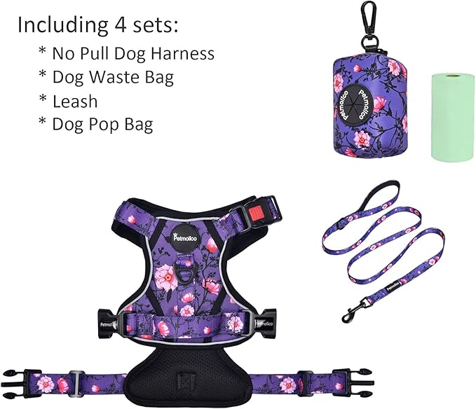 Petmolico No Pull Dog Harness Set with Leash Attachment Easy Control Handle Reflective Harness Vest Small Breed, Puppy Vest and Leash Set with Poop Bag Holder, XS - Purple Peach