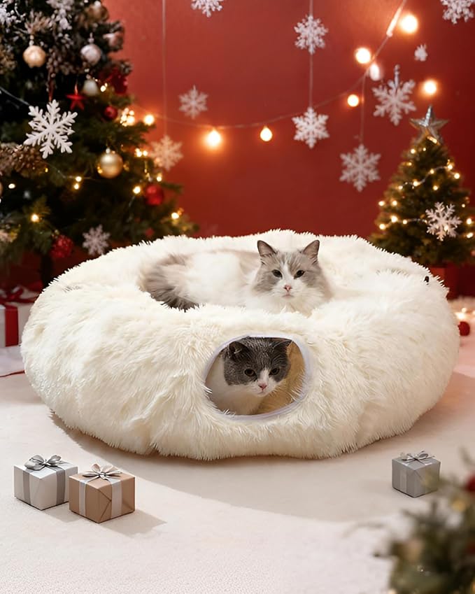 Grelife Cat Tunnel Bed for Indoor Cats, Large Cat Tunnel Christmas Tree Skirt, Cat Donut Tunnel Toys with Soft Plush, for Cats, Kittens, Small Pets(33.52")