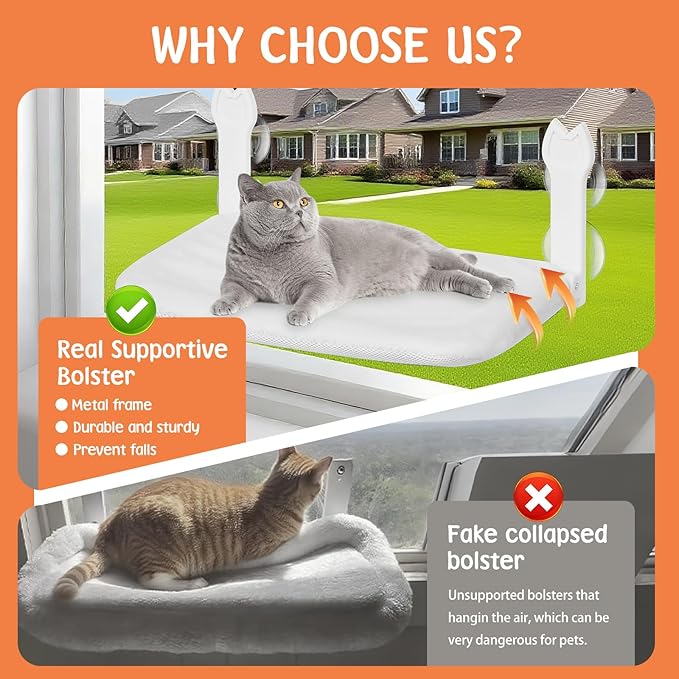 2 Pack Large Size Cat Window Perch,Cat Window Hammock Cordless Foldable Window Bed with 4 Large Strong Suction Cup,Reversible Cushion Cover,Metal Frame Easy to Adjust Window Seat (White,L)