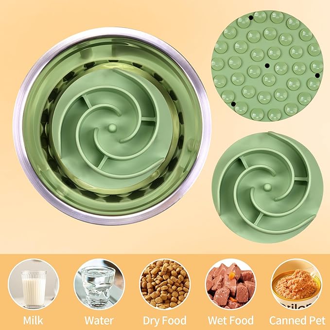 Slow Feeder Dog Bowls Insert, Bestalk Soft Silicone Slow Eating Feeder Insert with Suction Cups for Small, Medium and Large Dogs, Fit into Basic and Elevated Dog Bowls, Green