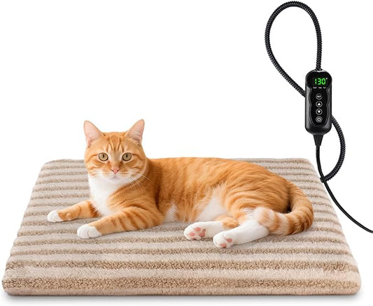 Pet Heating Pad, Waterproof Heated Cat Bed with 11 Adjustable Temperatures & 24H Timer, Auto Shut-Off, Chew-Resistant Cord, Washable Cover, Indoor Electric Heating Mat, Beige, S(18" x 16")