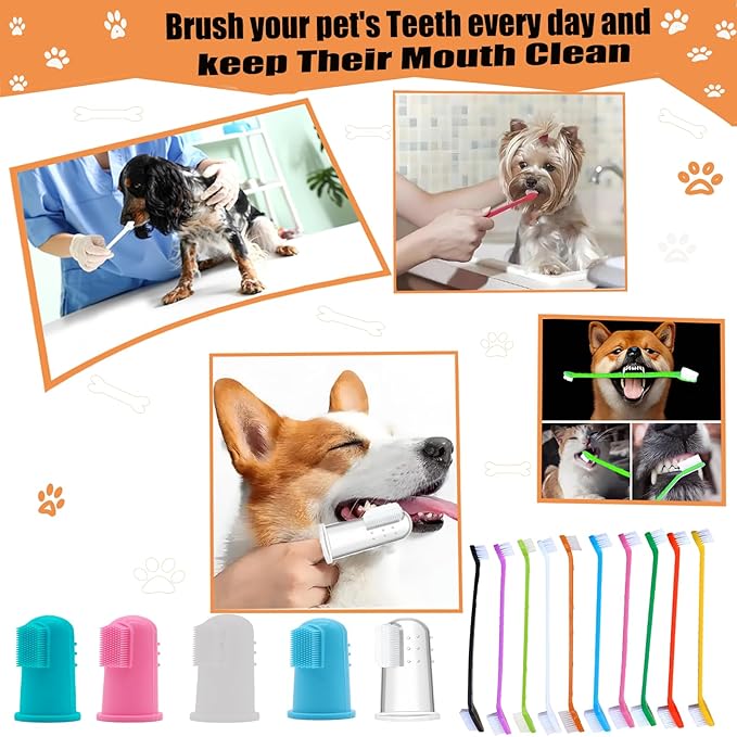 300 Pcs Dog Toothbrush Bulk, 150 Pieces Double Headed Toothbrush, 150 Finger Toothbrushes - Suitable for Small/Large Dogs, Cats, and Pets, Soft Bristled Teeth Cleaning, (10 Colors)