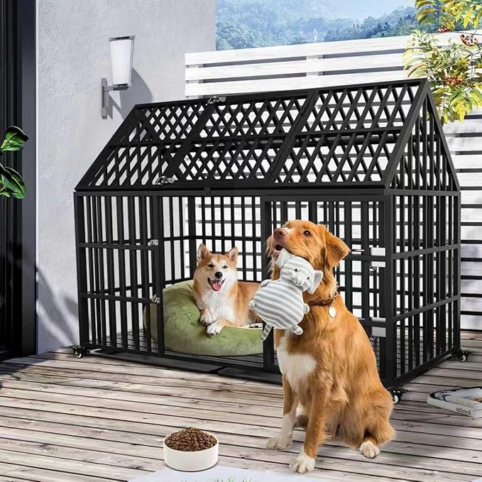 Heavy Duty Dog Crate for Large Dogs, 58 inches Extra Large Dog Kennel Indoor, Indestructible Dog Crate for High Anxiety Dogs, Double Door with Wheels