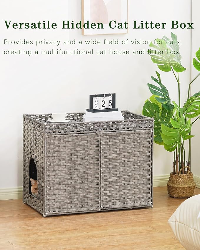 Cat Litter Box Enclosure Furniture, Handwoven Rattan Hidden Litter Box with Mat, Large Space Cat House with 2 S-Shaped Hooks 30.3 x 18.3 x 24.4 Inches, Indoor for Living Room Apartment Gray