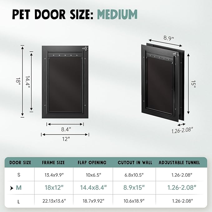 Dog Door For Door All Aluminum 3 Flaps, Medium Doggy Doggie Door, Cat Door Black, Heavy Duty Pet Door for Dogs Cats, With Insulation Flap, Telescoping Tunnel, Sliding Closing Panel, for Pet Up to 45lb