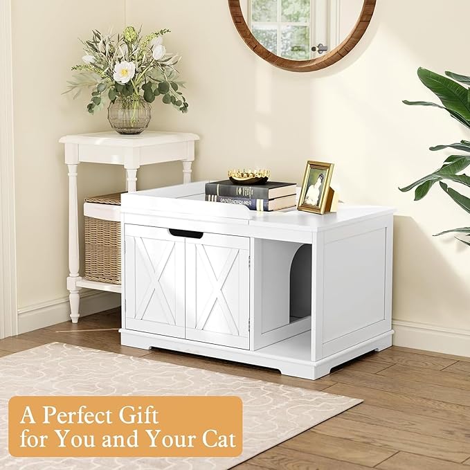 Flip Top Cat Litter Boxes Enclosure Covered Litter Box Hidden Furniture Wooden Cat Washroom Cabinet for Kitty, Medium and Large Cat White