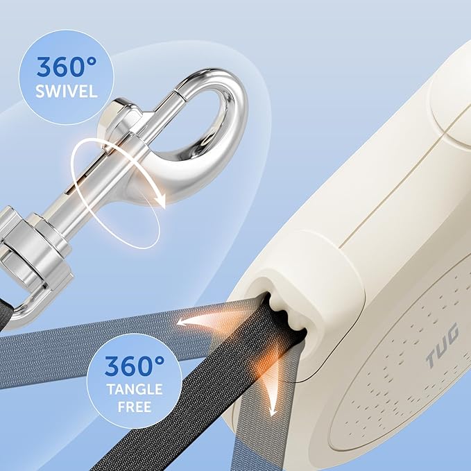 TUG Quest Retractable Dog Leash | 360° Tangle-Free Retraction | 16 ft Strong Nylon Tape (Small, Cream)