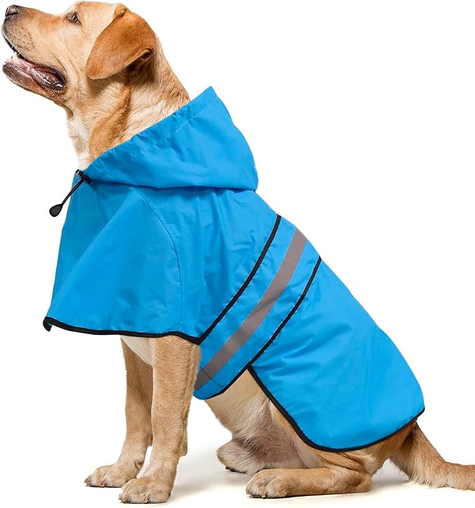 Adjustable Dog Raincoat with Hood - Waterproof Lightweight Slicker Poncho, Safety Dog Rain Jacket with Reflective Strip and Leash Hole for Small, Medium, Large Dogs (Large, Blue)