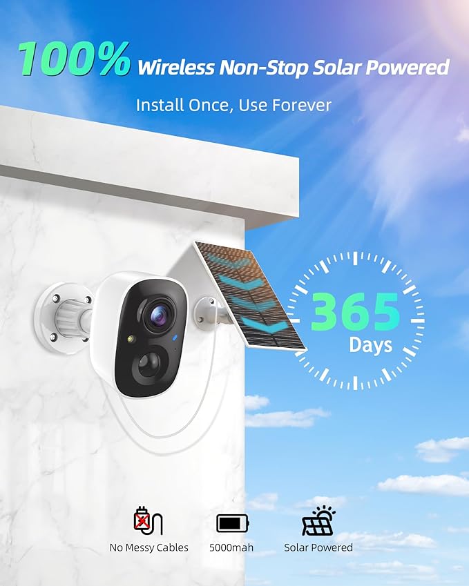 Solar Camera Outdoor Wireless, 2.4GHz Wi-Fi Security Camera with AI Motion Detection, Cameras for Home Security with 2K Color Night Vision, Two-Way Talk, IP66 Weatherproof, Cloud/SD Storage