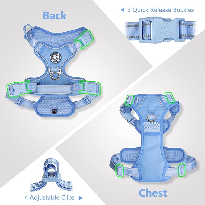 PoyPet No Pull Dog Harness, No Choke Reflective Dog Vest, Adjustable Pet Harnesses with Easy Control Padded Handle for Small Medium Large Dogs(Light Blue Matching Trim,S)