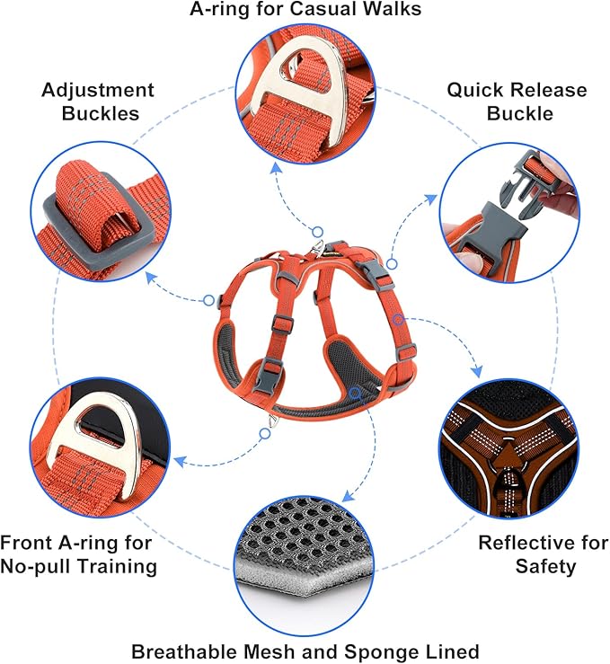 Plutus Pet No Pull Dog Harness, Release at Neck, Soft Padded, Reflective Adjustable Dog Vest Harness for Small, Medium, Large Dogs(Orange, XS)
