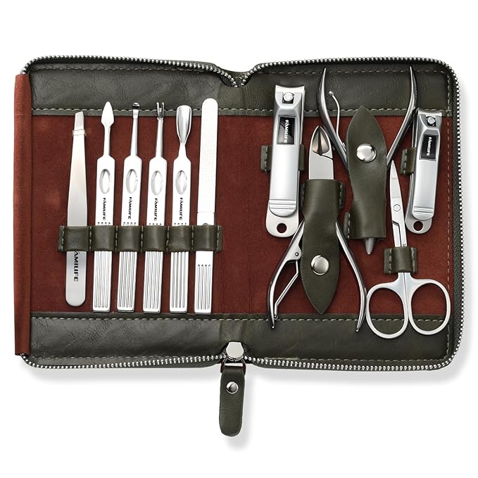 FAMILIFE Manicure Set, Professional Manicure Kit Nail Clippers Set 11 in 1 Stainless Steel Nail Pedicure Tools Kit Grooming Tool with Portable Green Leather Travel Case Luxury Gifts for Women and Men