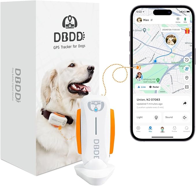 Dog GPS Tracker, Smart Waterproof Tracker with Real-Time Location, Escape Alerts, Activity Monitor, iOS & Android Compatible, for Dogs 40 lbs+ (White)