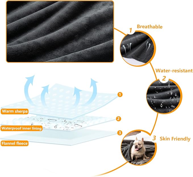 Waterproof Dog Blanket Reversible Pet Puppy Blankets for Couch Sofa Bed Covers Leakproof Warm Fluffy Cat Cover Washable Gray Mat-L-65x57in