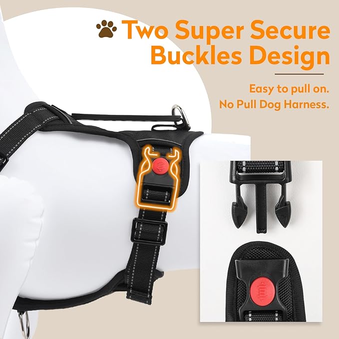 No Pull Dog Harness with 2 Leash Clips, Reflective Adjustable Soft Padded Vest with Handle, Breathable Oxford No Choke Pet Vest for Large Dogs, Black,XL