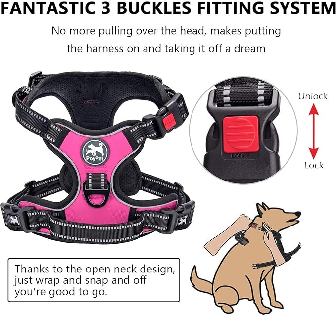 PoyPet Dog Harness and Leash Combo, Escape Proof No Pull Vest Harness, with 5 Feet Leash, Reflective Adjustable Soft Padded Pet Harness with Handle for Small to Large Dogs(Pink,XL)