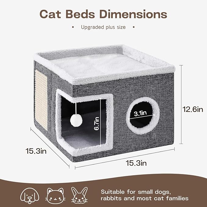 Cat Houses for Indoor Cats - Large Cat Bed Cave with Fluffy Ball and Scratch Pad, Foldable Cat Condo Hideaway for Multi Small Kitten & Pet, Grey