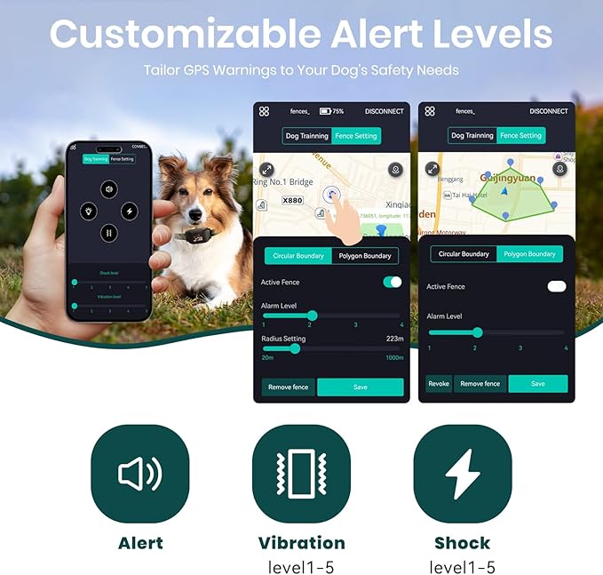 Upgraded GPS Dog Fence & Tracking Collar System - No Subscription Required, Customizable Boundaries via App, Waterproof Rechargeable Collar with Remote Training, 1-Minute Setup Black