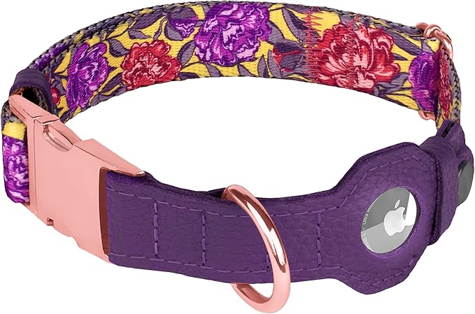 AirTag Dog Collar for Small Medium Large Breed - Adjustable Cute Pattern Dog Collar with Airtag Holder - Soft Leather Tracker GPS Apple Air Tag Pet Collars (Medium, 14"-18" Neck Fit, Peonies)
