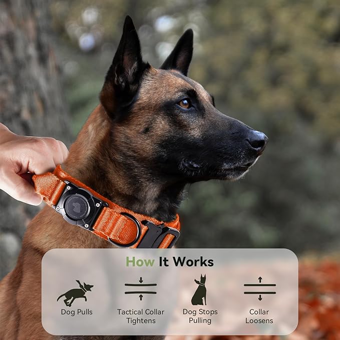 2025 Upgrade Waterproof AirTag Dog Collar, Military Tactical Dog Collar with AirTag Holder, Comfortable Control Handle and Metal Buckle, GPS Dog Collar Holder for Medium to Large Dogs (Orange, M)