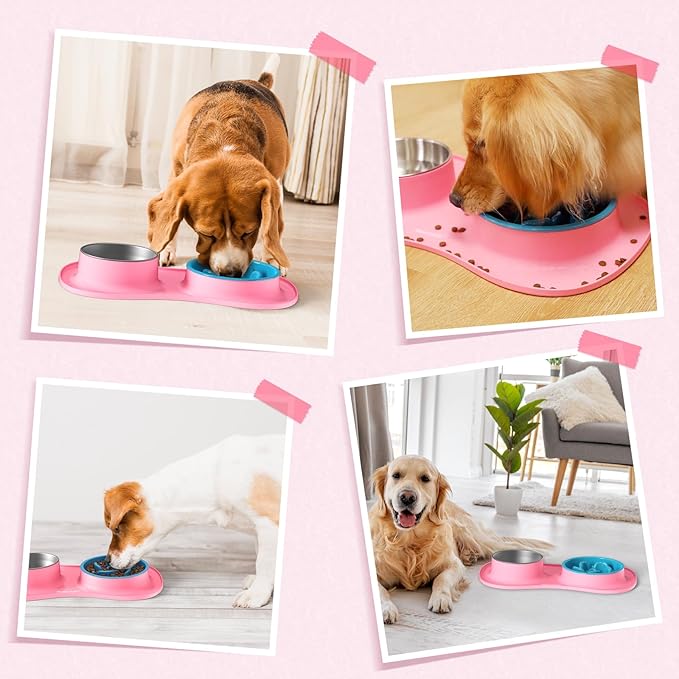 MateeyLife Dog Food Bowl Set 3 in 1, Dog Bowls & Water Stainless Steel Bowl with Non-Spill Silicone Mat, Slow Feeder Bowls for Small, Medium, Large Breeds, Cat Feeding Dish to Anti-Choking