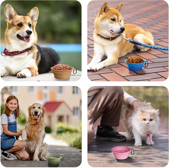 PetBonus 2-Pack Silicone Collapsible Dog Bowls, BPA Free Dishwasher Safe, Portable Foldable Expandable Travel Bowl, Food Water Feeding Cup Dish for Dogs Cats with 2 Carabiners (Purple, Pink)