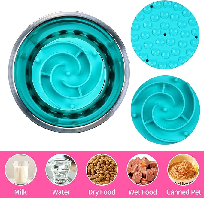 Slow Feeder Dog Bowls Insert, Bestalk Soft Silicone Slow Eating Feeder Insert with Suction Cups for Small, Medium and Large Dogs, Fit into Basic and Elevated Dog Bowls, Teal