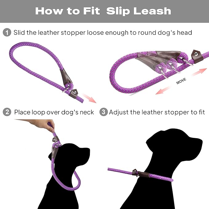 TwoEar Slip Leads for Dogs, 1/2" x 6FT Slip Leash for Large Dogs with Highly Reflective Threads, Comfortable Strong Rope Slip Leads, No Pull Pet Training Leash, Purple