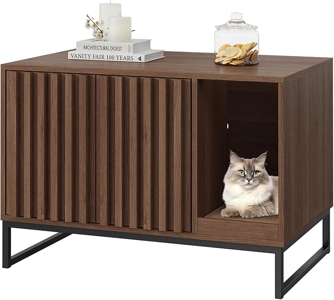 Cat Litter Box Enclosure, Modern Hidden Litter Box Furniture with Scratch Pad, Indoor Cat Washroom House End Table, Entryway Bench for Livingroom (Walnut)